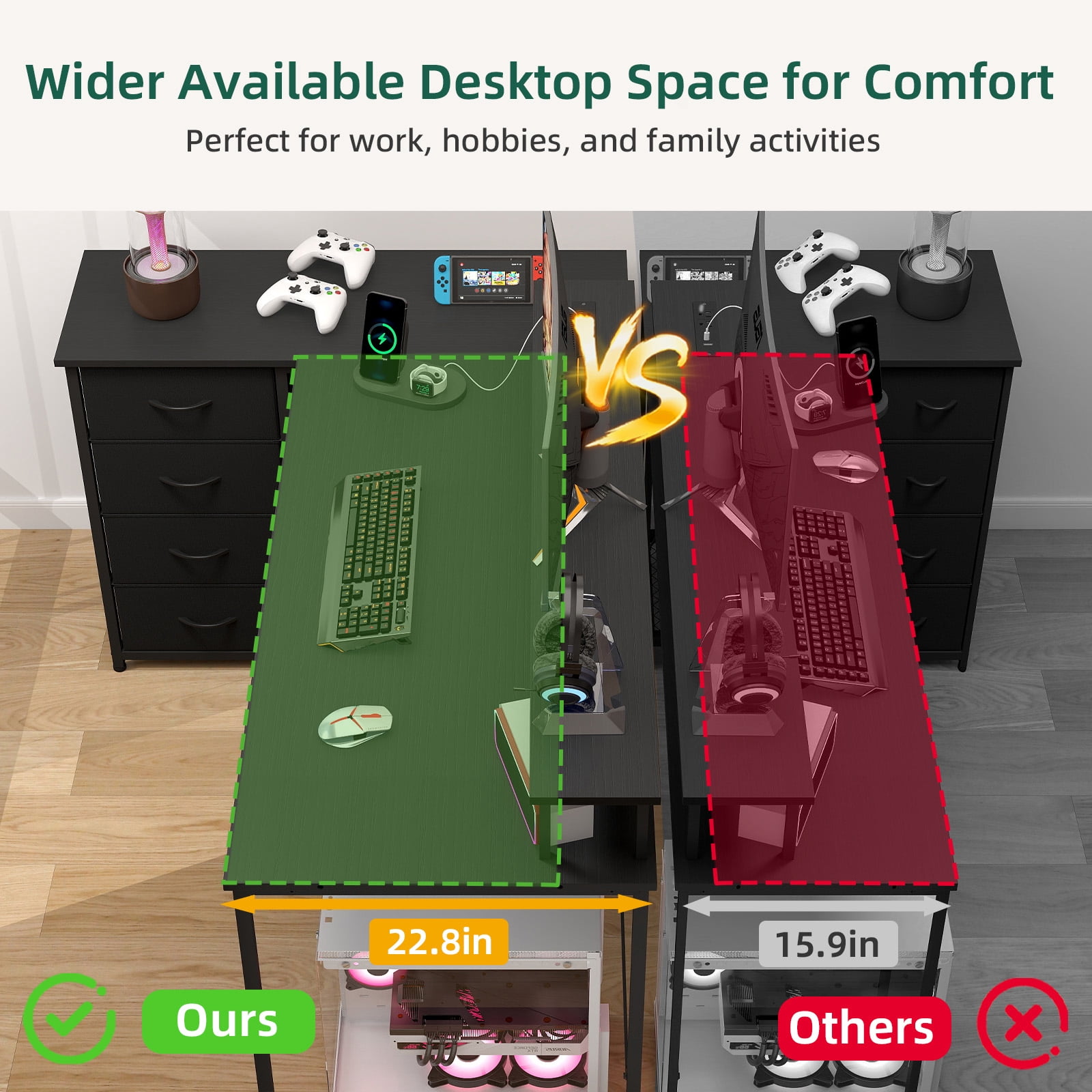 Eunos 61 inch L Shaped Gaming Desk with Power Outlets & LED Light, Computer Desk with 4 Tiers Drawers for Home Office, Black