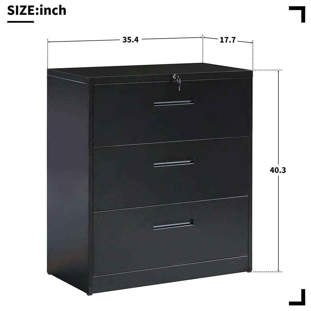 Kepooman 3-Drawer Lockable Lateral Metal File Cabinet for Home Office, 35.4" L x 17.7" W x 40.3"H, Black