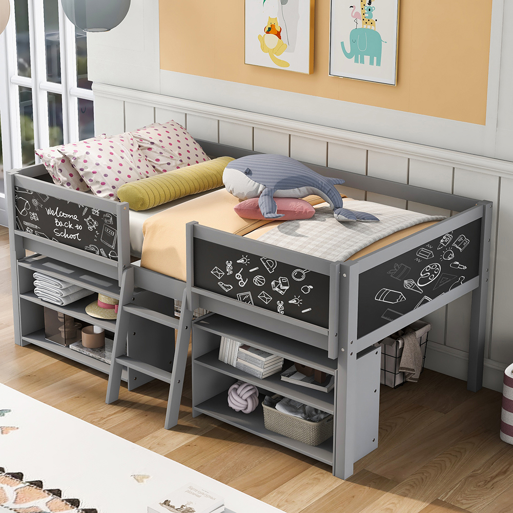 Kadyn Twin Size Low Loft Bed with Two Movable Shelves and Ladder,with Decorative Guardrail Chalkboard,Gray