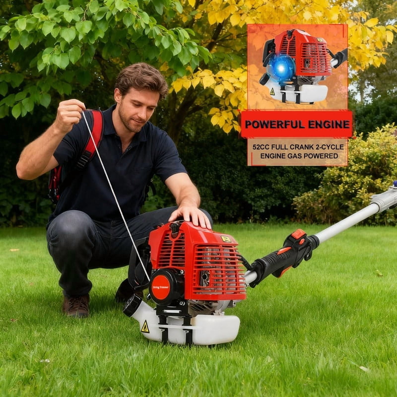 Seipouy Powerful Gas String Trimmer,Full Functioning Guard Accessories Hedge Trimmer String Trimmers Lawn Mower 52CC Petrol Hedge Trimmer Chainsaw Brush Cutter