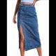 thumbnail image 2 of Falda Vaquera Midi Informal con Abertura para Mujer, Elástica, de Cintura Alta, Deshilachada y Abotonada Azul Medio M, 2 of 9