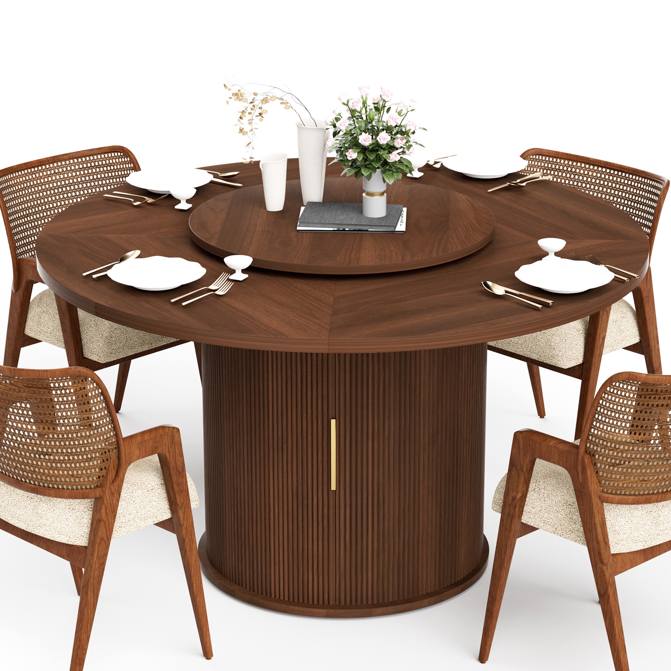 PORKISS Modern Round Dining Table, 55 Inch Circle Kitchen Tables for 6 with Double-tiered Storage Rack and Rotating Tabletop Tray, Wood Strip Base, Farmhouse Table for Kitchen, Dining Room, Walnut