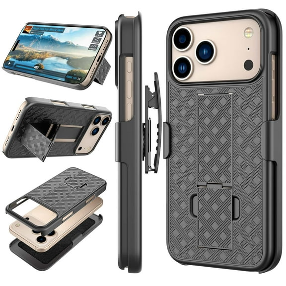 Tiflook For Apple iPhone 17 Pro Max 6.9" Case Holster Clip [Tstraw] Hard Shell Kickstand Secure Locking Belt Swivel Carrying Cover Black