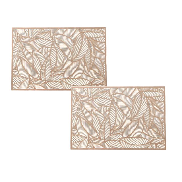 Oleegame 2PC Placemat Creative Rectangle PVC Placemat with Gold Foil, Heat- and Leaf-shaped Design, Perfect for Dining Table, Tea Cup, Western-style Dinner Mat Gold