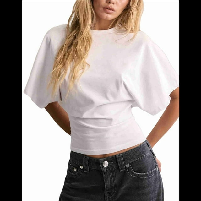 Camisetas para Mujer, Cuello Redondo, Cintura Ajustada, Informal, Corta, para Entrenamiento, Color Liso, Básicas, Blancas, Talla 4XL