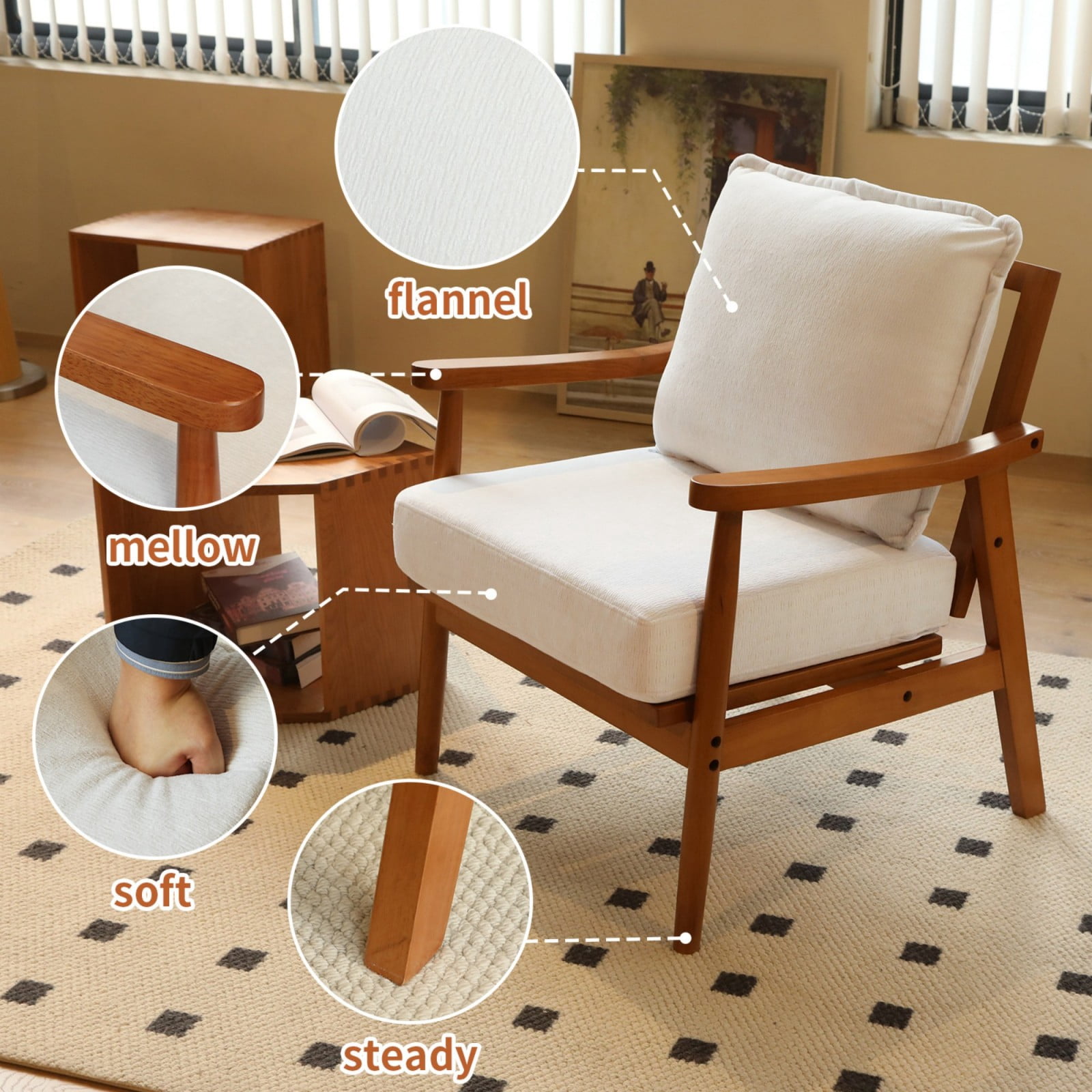Cute Accent Chair Solid Wood Frame Living Room Chair with Soft Fabric Cushion Comfy Armchair Reading Chair for Bedroom Apartment Balcony Waiting Room, White