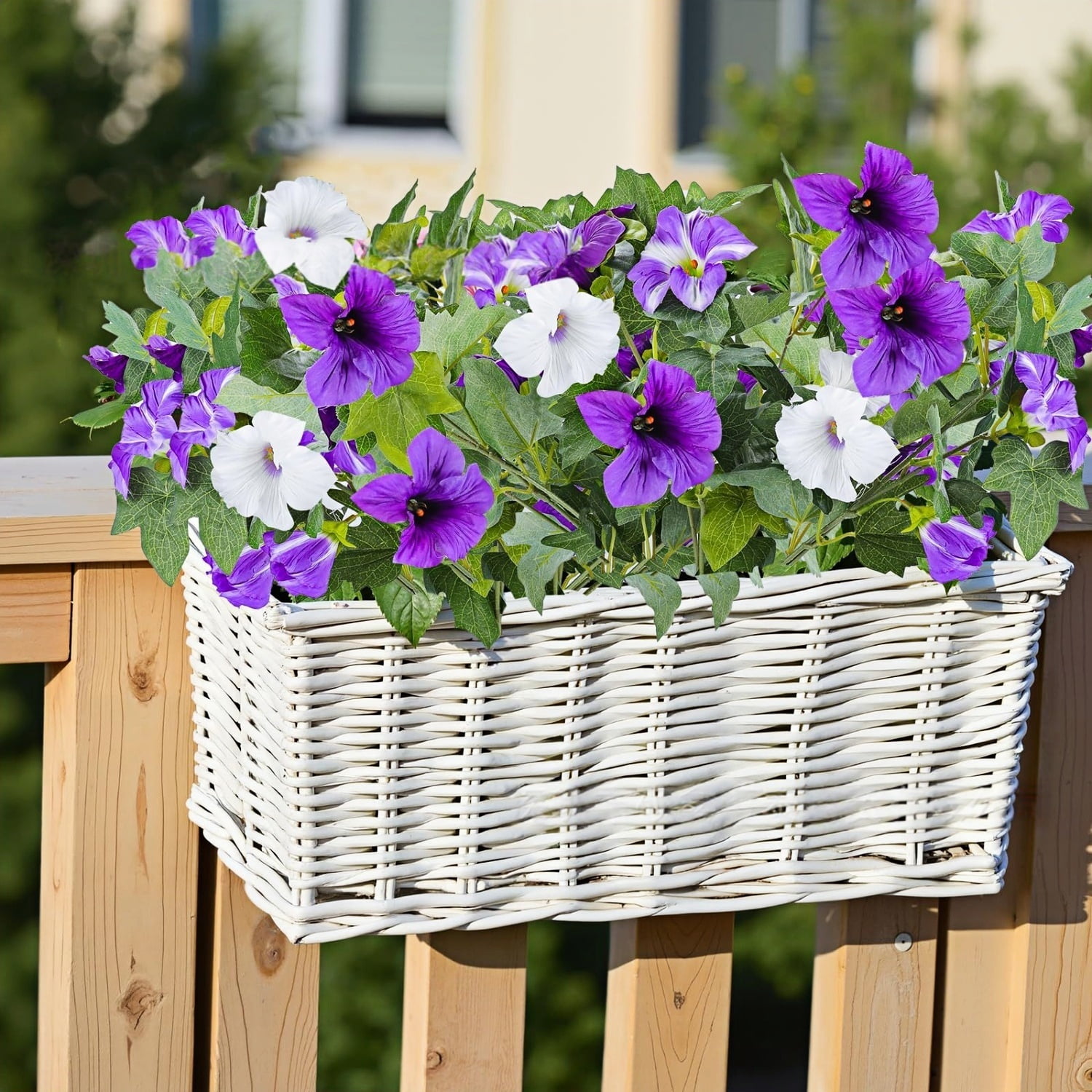 Artificial Flowers for Outdoors, 2Pcs Faux Petunias Plants for Hanging Baskets, Porch, Garden & Home Decor, Purple & White