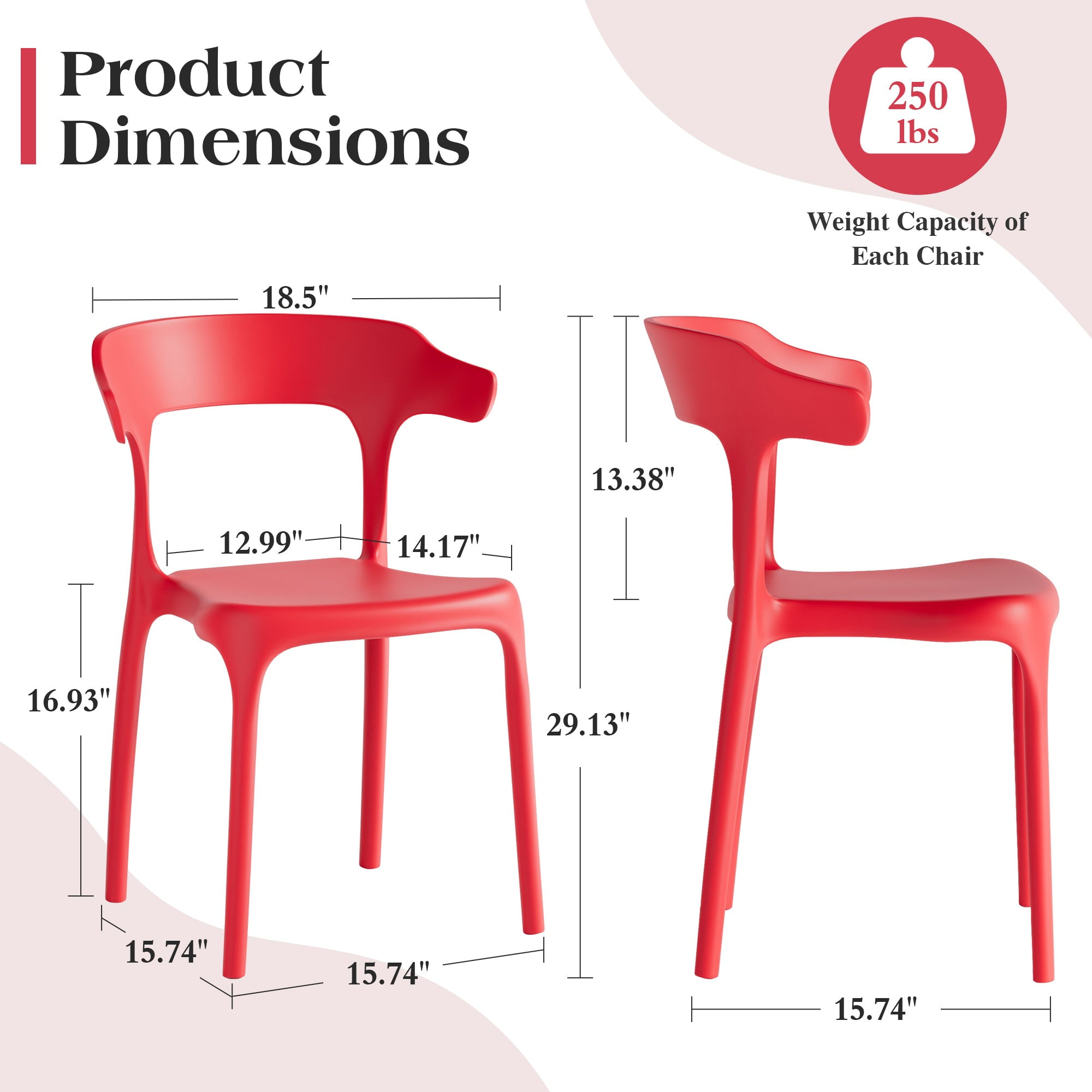 VECELO Stackable Patio Dining Chair Set of 4, Outdoor/Indoor Dining Chairs for Restaurant, Poolside and Garden, No Assembly, Red