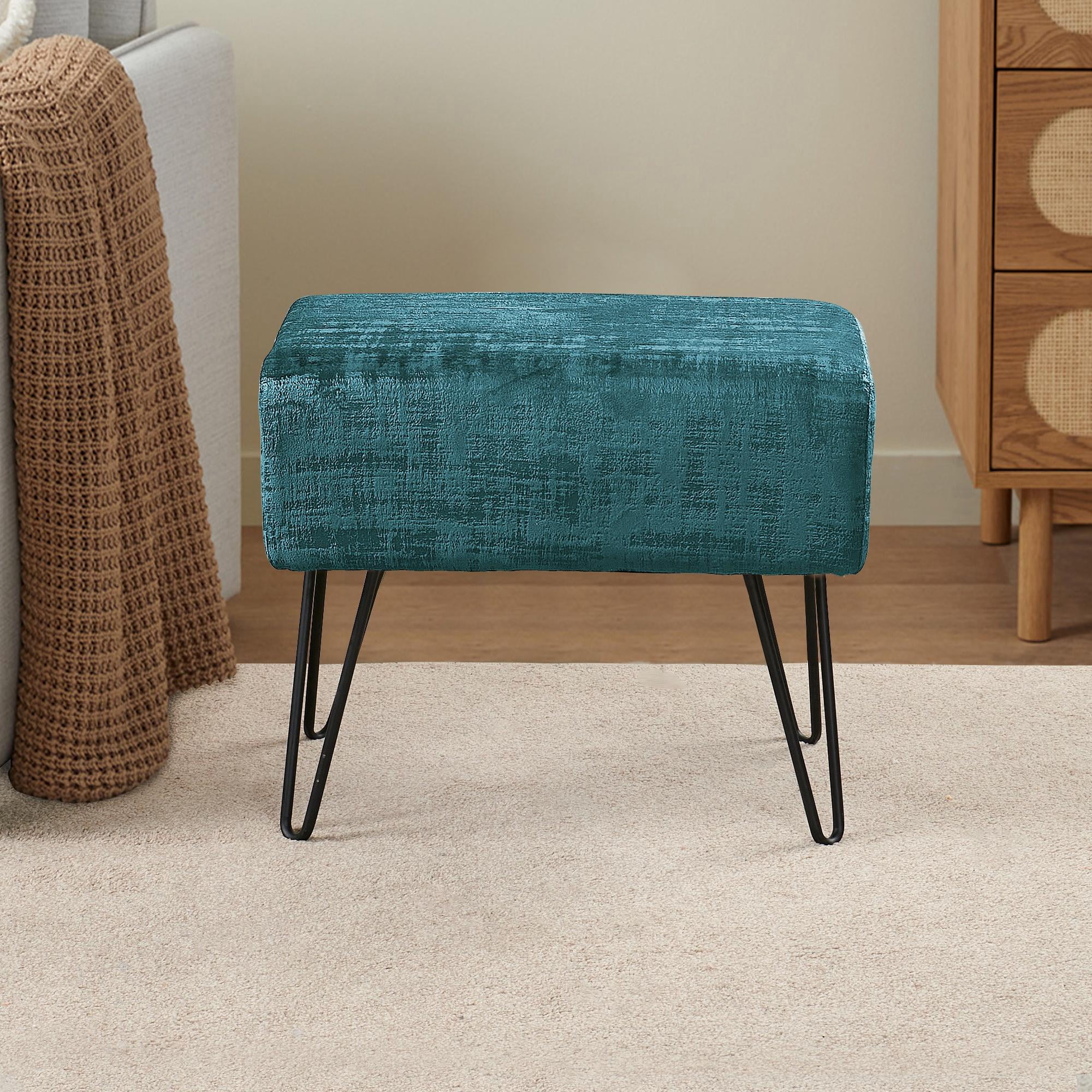 Home Soft Things Textured Velvet Ottoman Stool Chair, Upholstered Footrest with Black Metal Legs, Agate Green, 19" x 13" x 17"