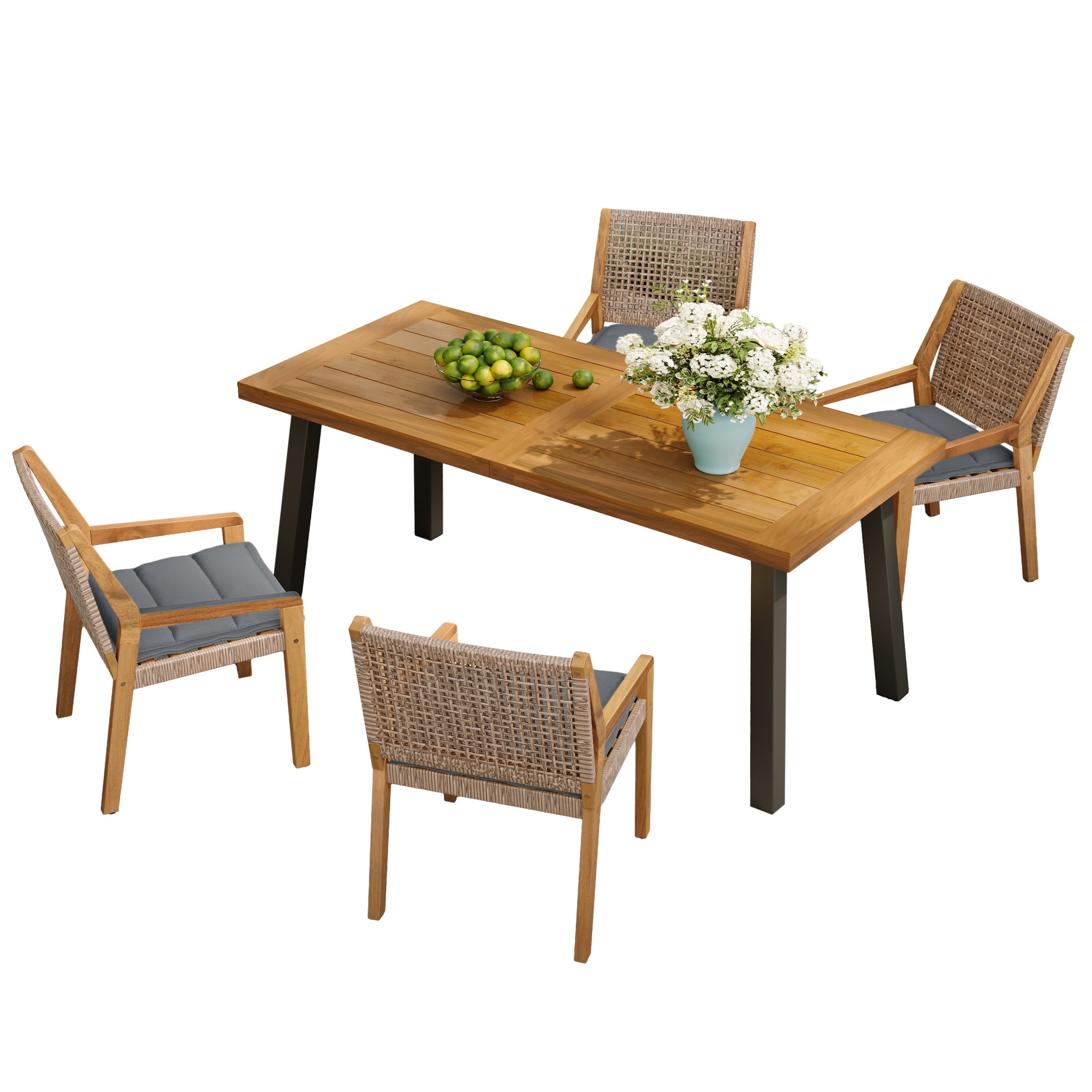 Christopher Knight Home 5PCS Rustic Outdoor Dining Set, Acacia Wood Table and Wicker Armchairs, Gray