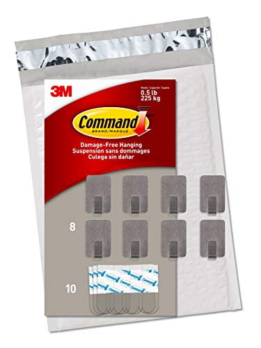 Decorate Damage-Free Command Small Stainless Steel Metal Hooks 8 Hooks 10 Strips