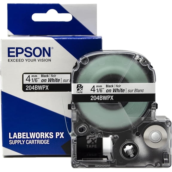 Epson LABELWORKS 204BWPX - Black on White PET Label Maker Tape - 1/6" (4MM) Wide, 30'