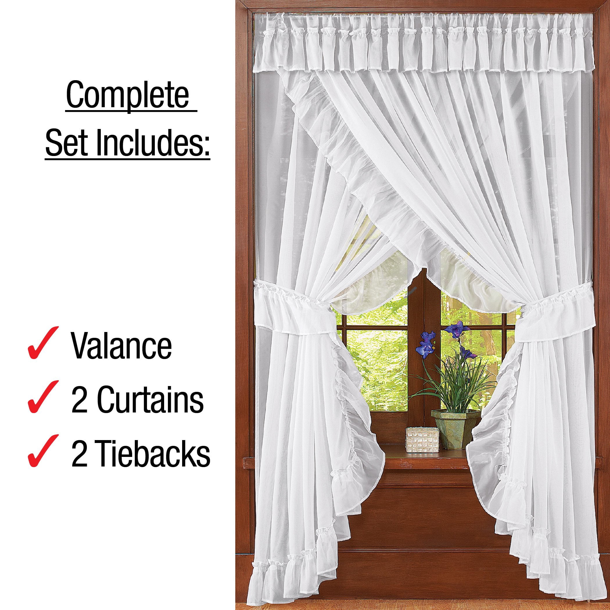 Collections Etc Isabella Ruffled Sheer Fabric Rod Pocket Window Curtain Set, Cream