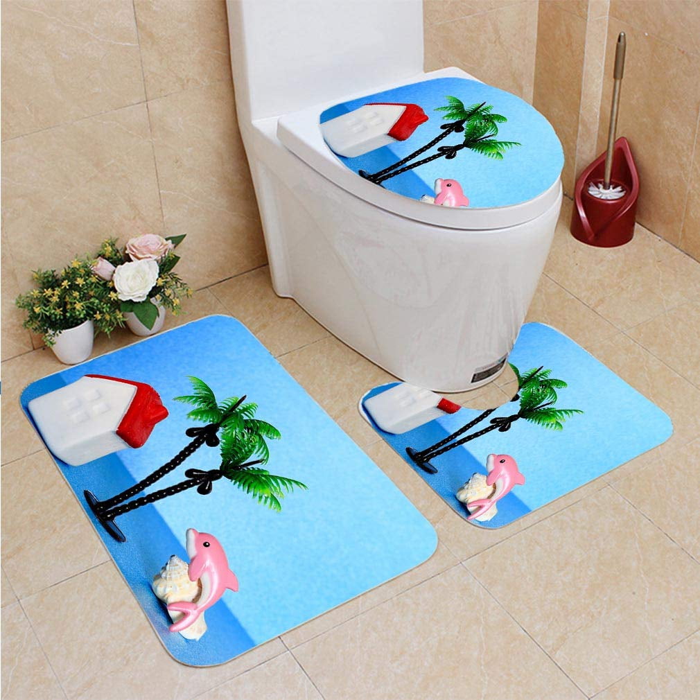 PUDMAD Dolphin House Palm Tree 3 Piece Bathroom Rugs Set Bath Rug Contour Mat and Toilet Lid