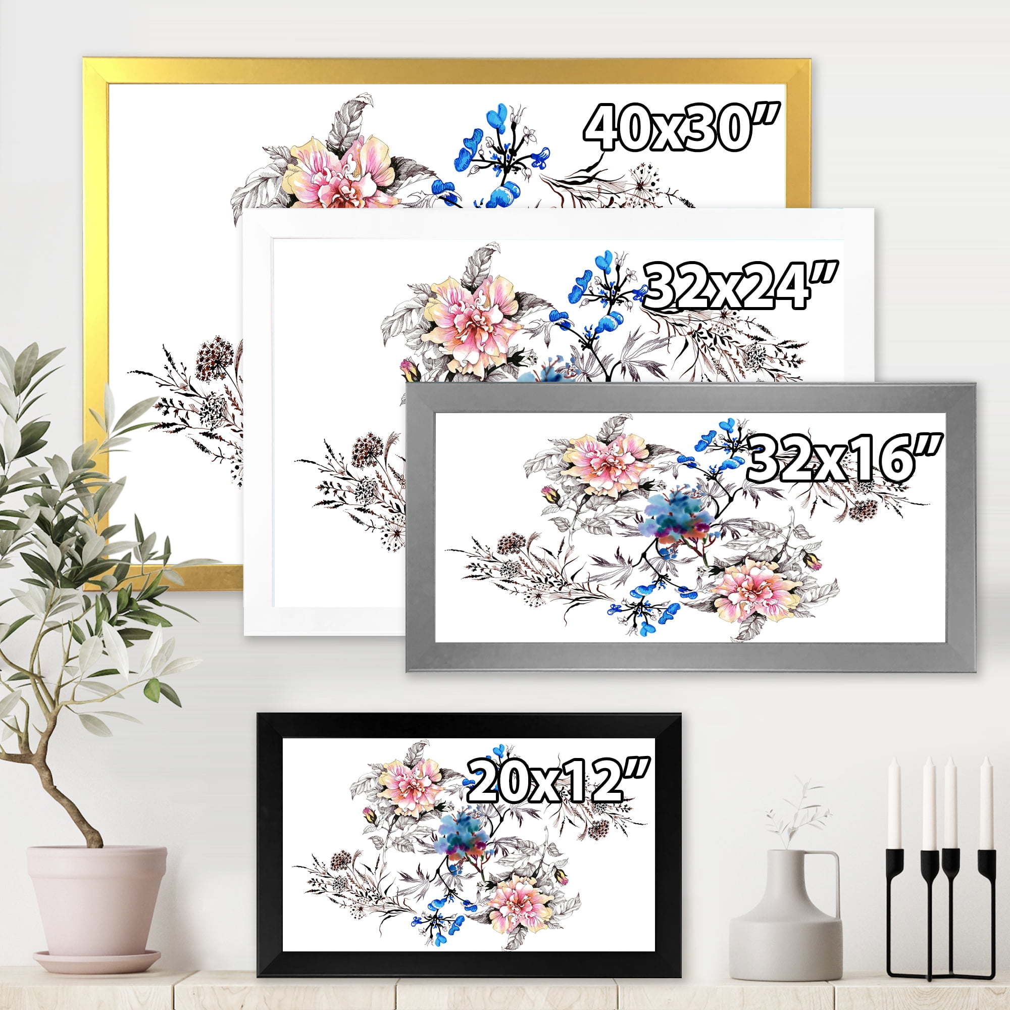 Designart 'Pink and Blue Wildflowers' Traditional Framed Art Print