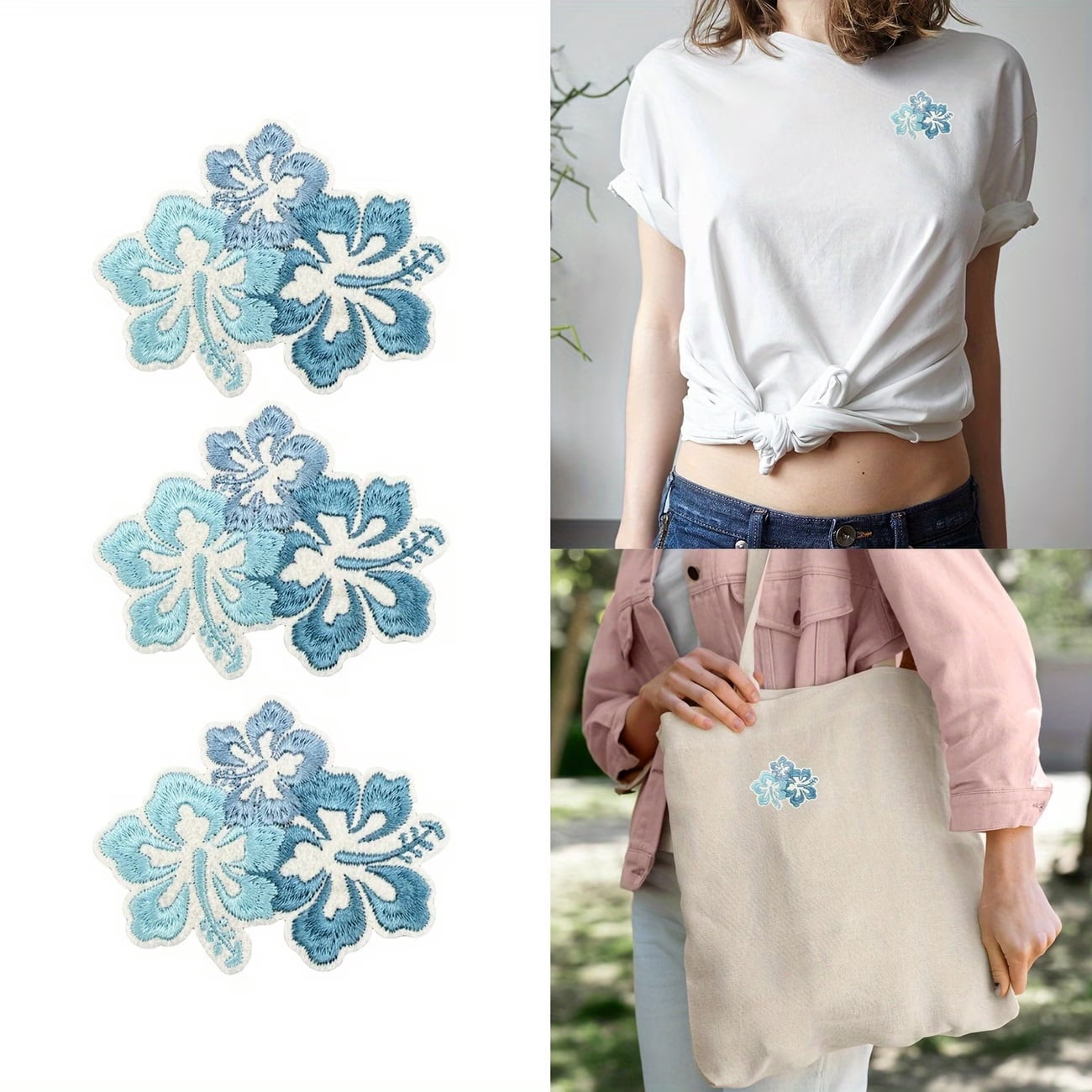 Botanical Embroidery Iron-On Patches - 3pcs Blue Floral Appliques for Denim Jacket Repair & Boho Bag Embellishments