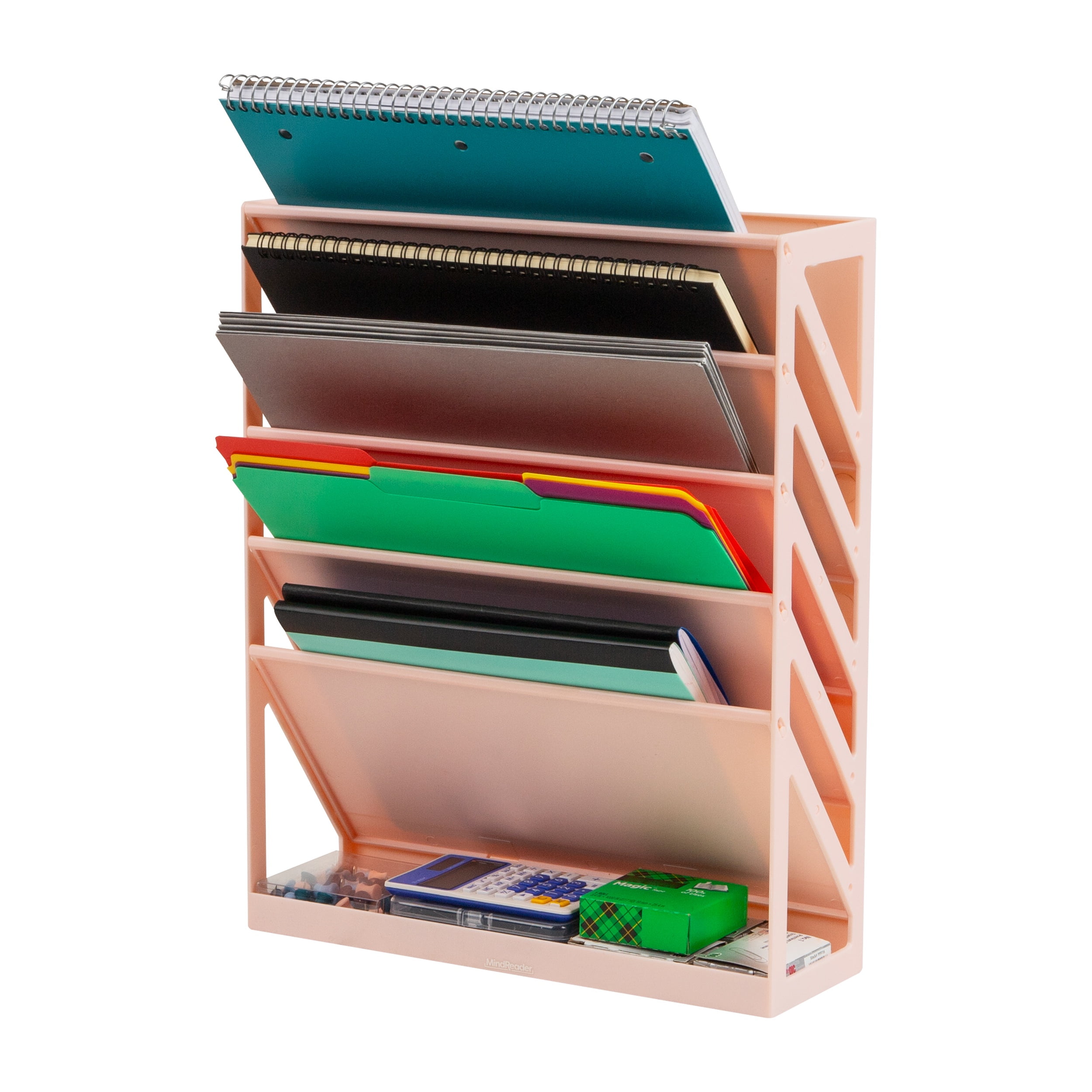 Mind Reader 5-Tier Vertical File Storage, Desktop Organizer, Wall Mount, Office, Plastic, 13"L x 4.25"W x 16"H, Pink