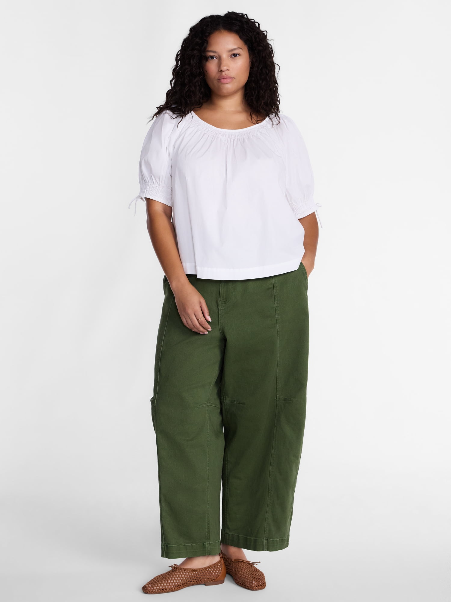 Terra & Sky Women's Plus Scoop Neck Top with Short Tie Puff Sleeves, Sizes 0X-5X