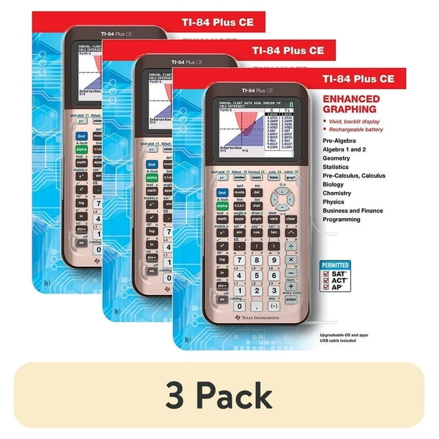 Pre-Owned Texas Instruments TI-84 Plus CE Graphing Calculator, Rose Gold, 3-Pack, Rechargeable, High School and College