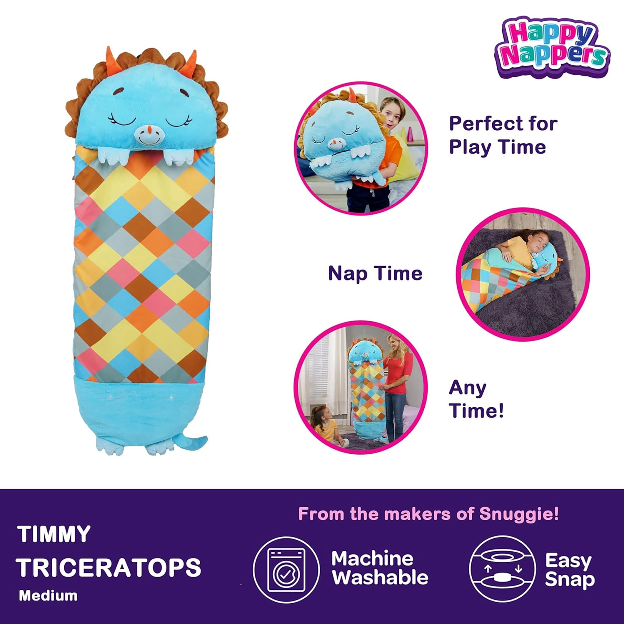 Happy Nappers: Pillow & Sleepy Sack: Medium - Triceratops Timmy - 54 x 20", 2-In-1: Plush Dinosaur Opens Into Sleeping Bag, Soft, Play & Nap, Kids 3+