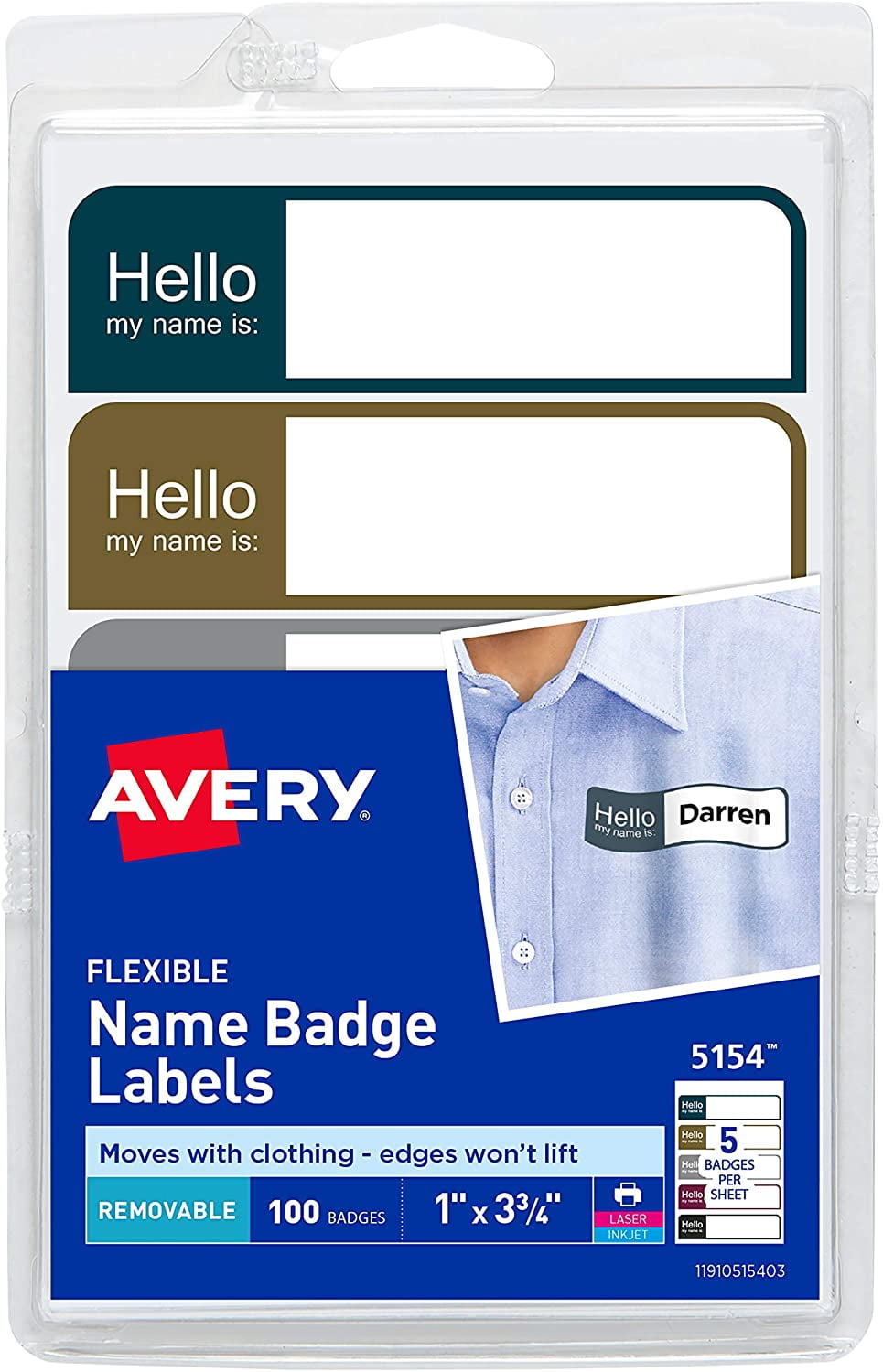 AVERY Hello My Name is Name Tag Stickers, Small, Assorted Colors, 100