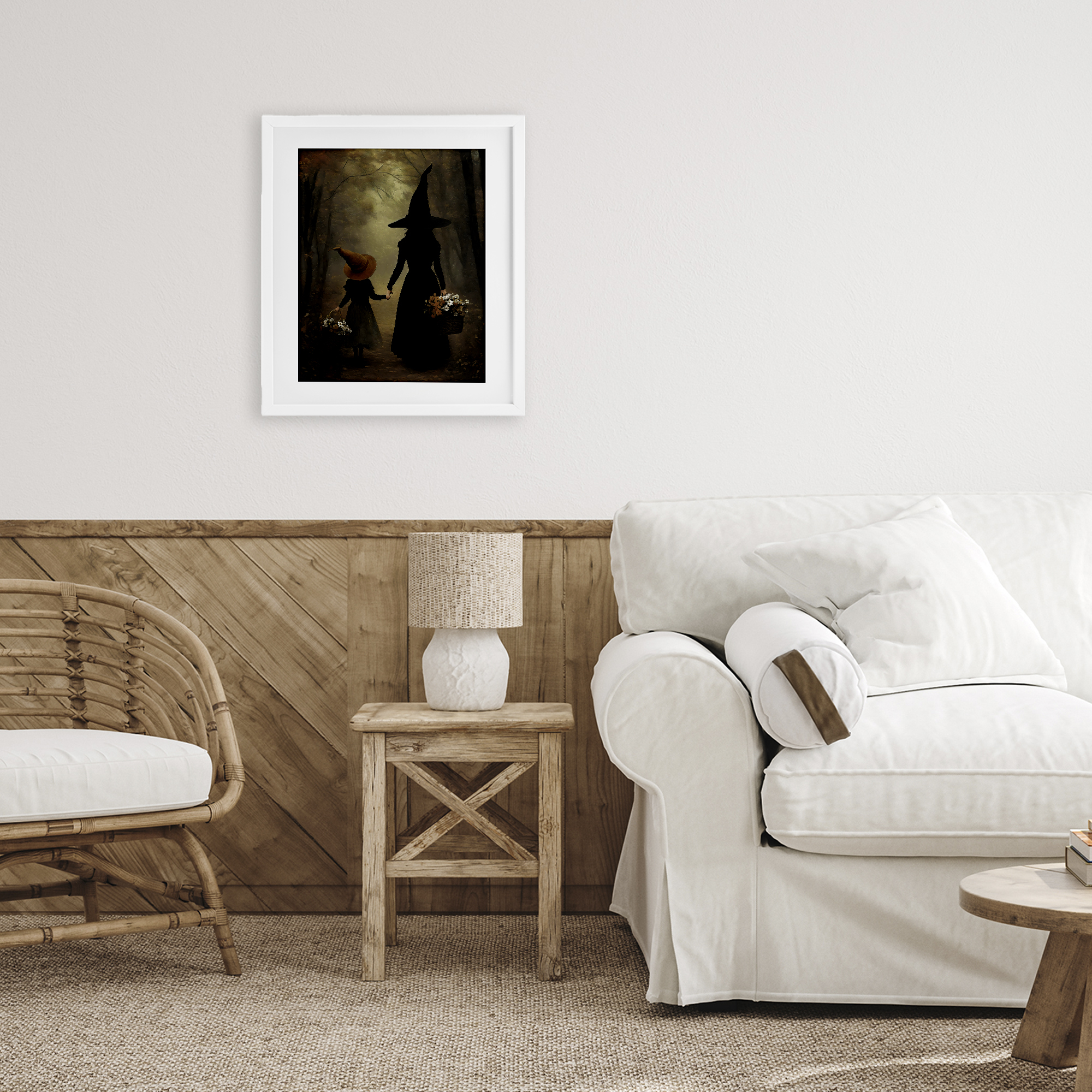 Witch & Daughter Mystical Forest White Framed Print Under Glass, design by Arlington Prints