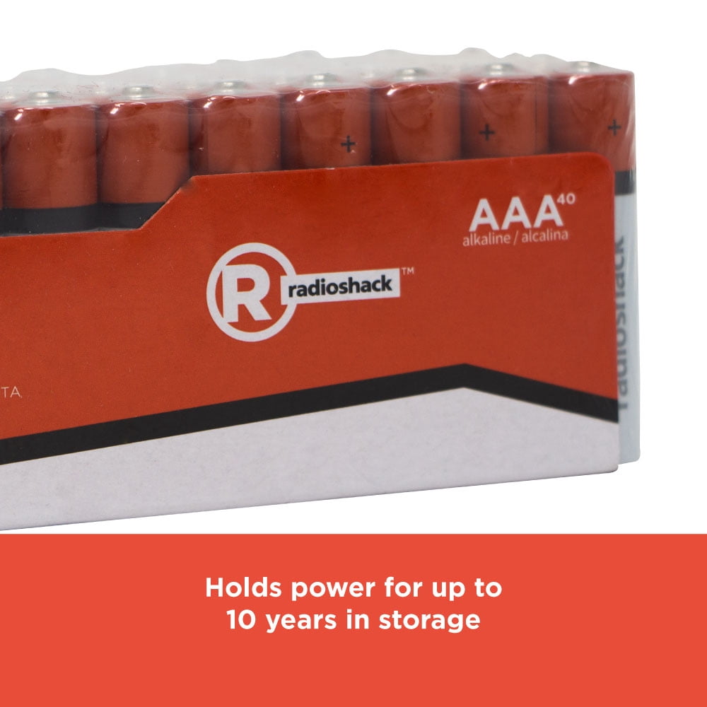 RadioShack AAA Alkaline Batteries 40-Pack – 1.5V, 850mAh, 10-Year Storage Warranty, Mercury & Cadmium Free