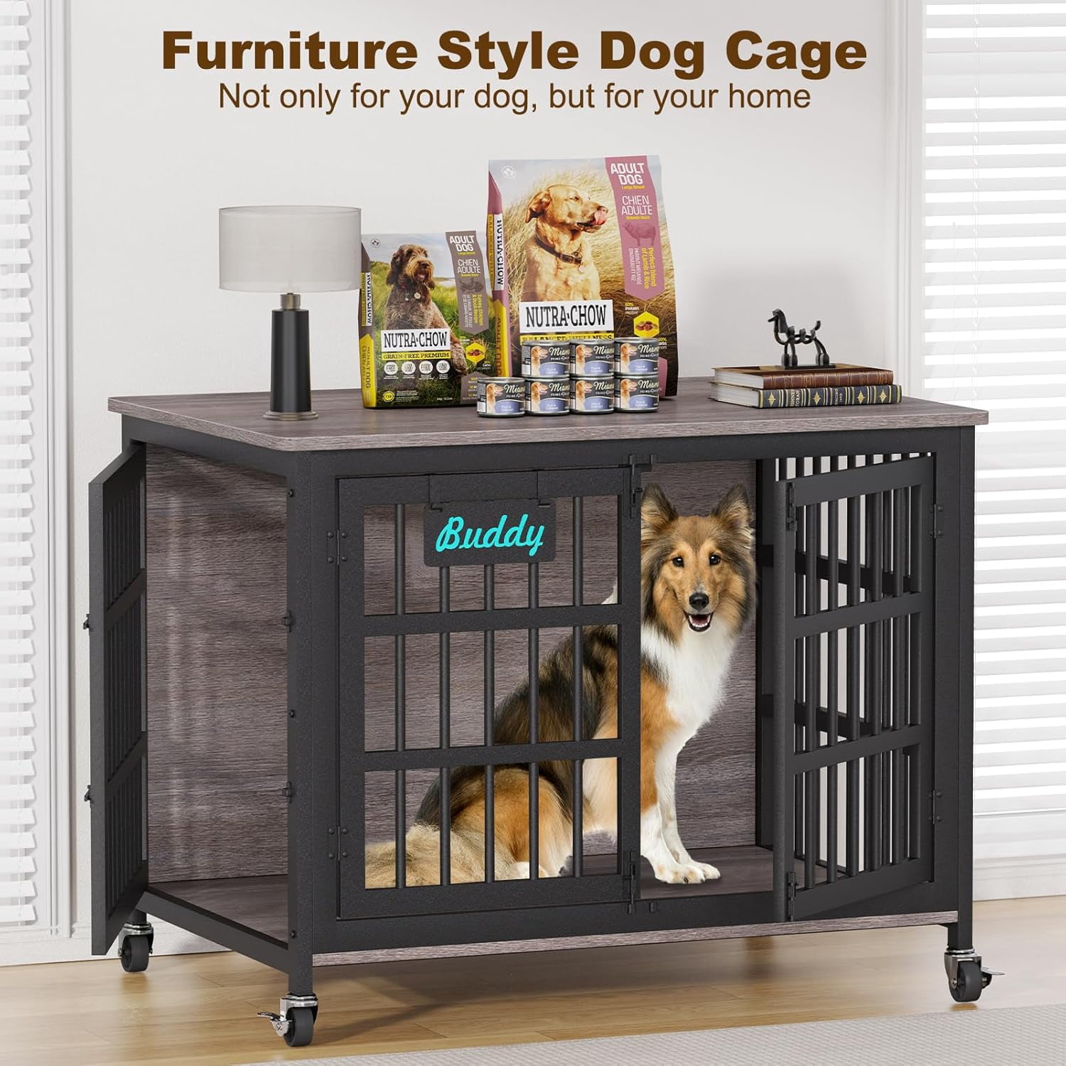 POAO 41"Dog Crate Furniture with Name Tag,Heavy Duty Dog Kennel Indoor for Medium Dogs,Double-Doors Sturdy Metal Dog Cage for Anxiety Dog,End Table