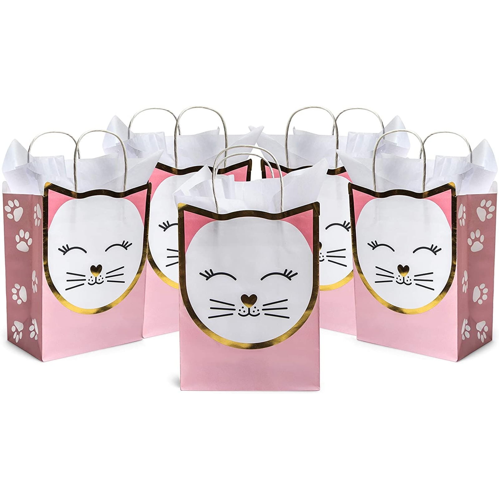 15 Pack Cat Gift Bags for Birthday Party Favors w/ 20 Sheets of Tissue Paper, 8 x 10 x 4.7 in