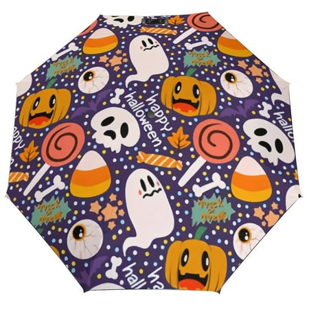 

ANYWAY.GO Windproof & Water-Resistant Compact Foldable Travel Umbrellatotes Pattern Happy Halloween Pumpkin Portable Travel Umbrella，Diameter 42.5 in