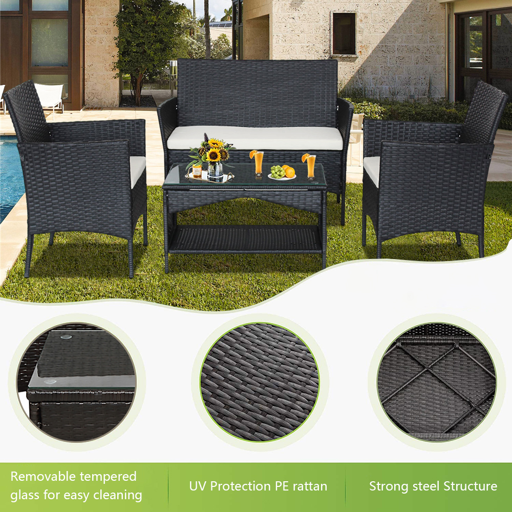 Outdoor Patio Furniture Set, 4 Piece Garden Conversation Set with Glass Dining Table, Loveseat & 2 Cushioned Chairs, Black Wicker Patio Set with Coffee Table for Yard, Porch, Poolside,LL886 - image 5 of 10