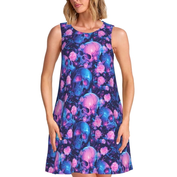 Balery Blue Skull Rose Vestidos de verano para mujer con estampado: vestido holgado sin mangas, vestido playero informal y cómodo para días calurosos.