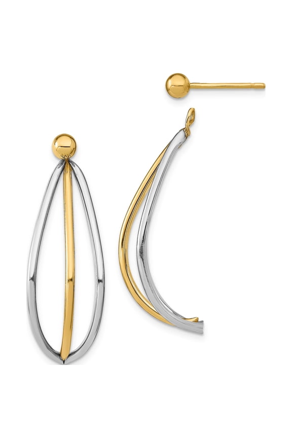 14K Yellow & Rhodium With White Ball Stud Triple Wire Dangle Jacket Earrings (35 X 12.6) Made In Peru tf1929