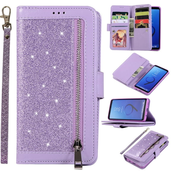Zipper Wallet Case for Samsung Galaxy S9 Phone, Allytech Bling Glitter Leather Case with 9 Credit Card Holder Flip Magnetic Closure Stand Cover with Cash Pocket and Hand Strap, Purple