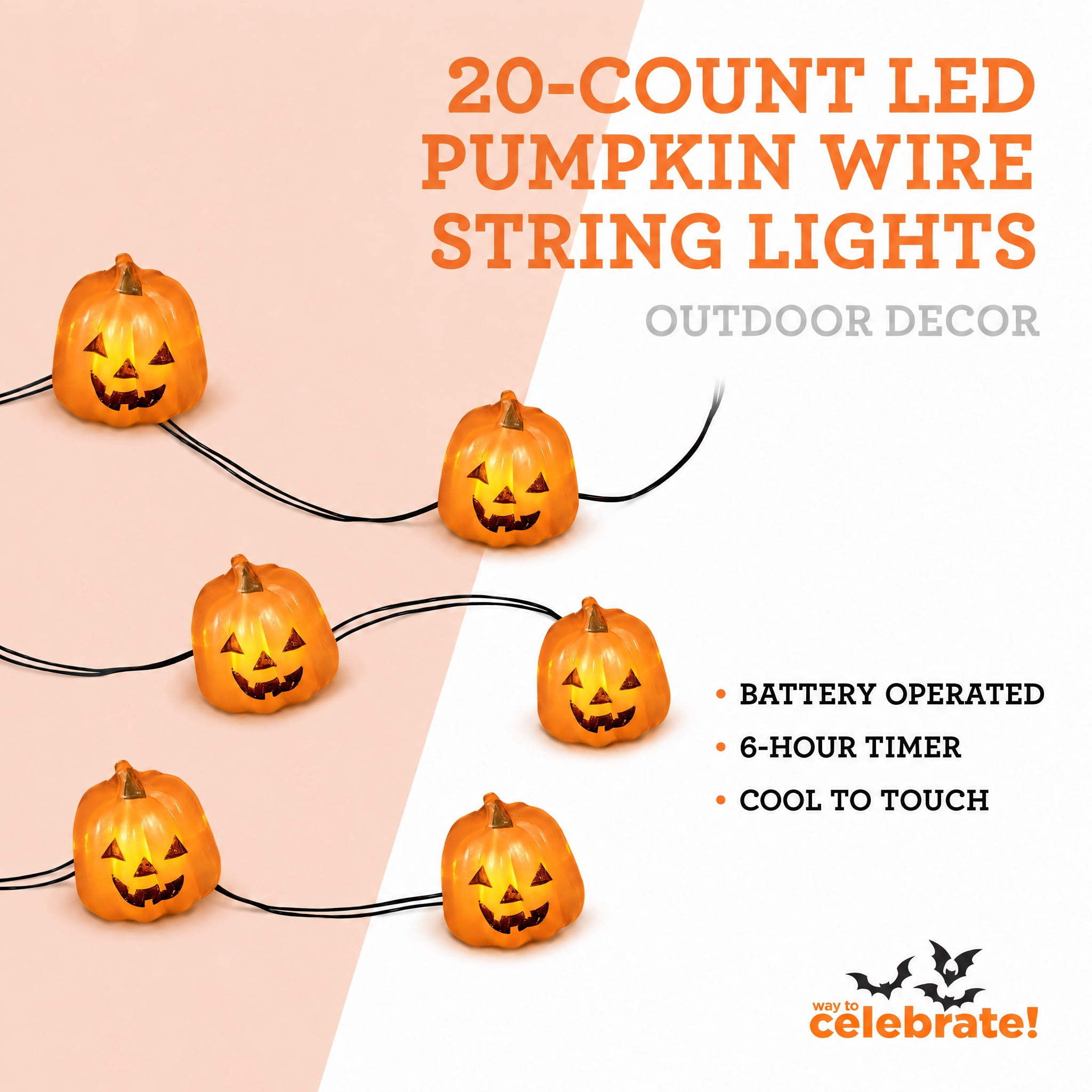 Indoor 20-Count Battery-Operated LED Pumpkin Wire String Lights, Orange, 6.3', Halloween by Way To Celebrate