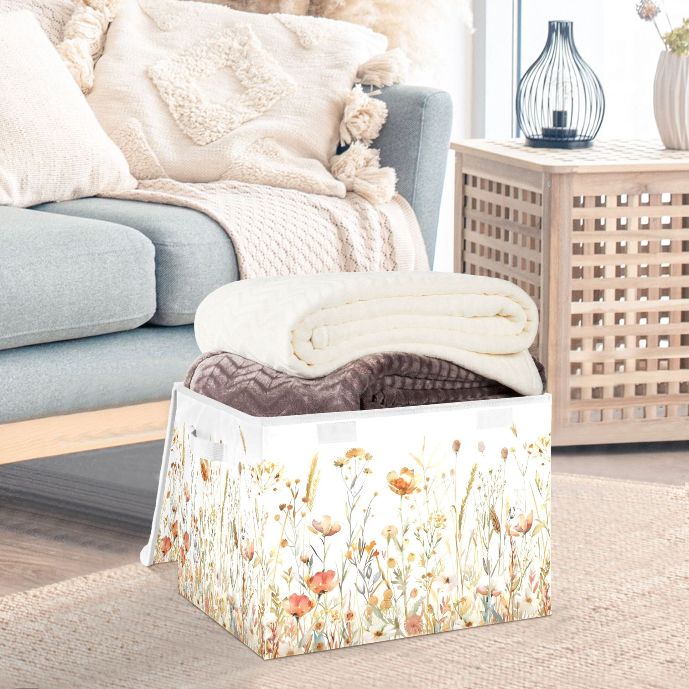 Ryvnso Watercolor Wild Flower Large Lidded Foldable Storage Baskets Cubes Boxes Lids Bin for Home