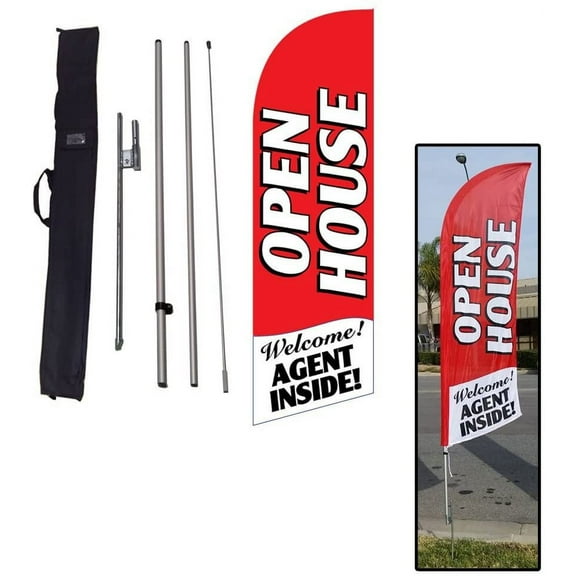Red Open House Sign for Real Estate Feather Banner Flag Kit with Ground Stake and Travel Bag, Open House Signs for Agents by Feather Flag Nation