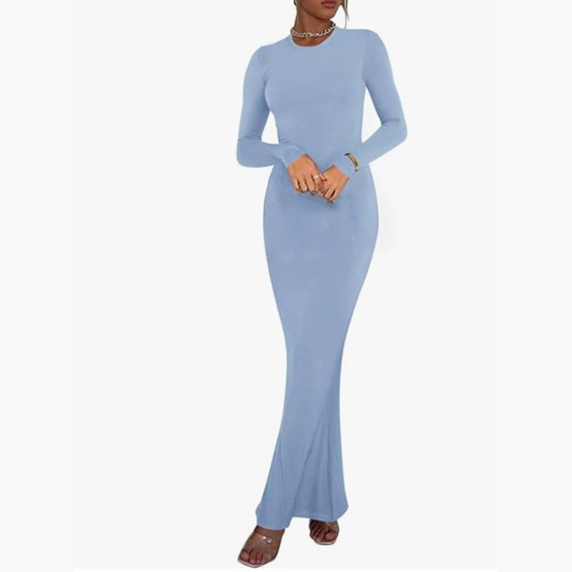 Pitauce Robes Maxi Élégantes pour Femmes Col Rond Manches Longues Robe Crayon Longue Robe de Détente Côtelée