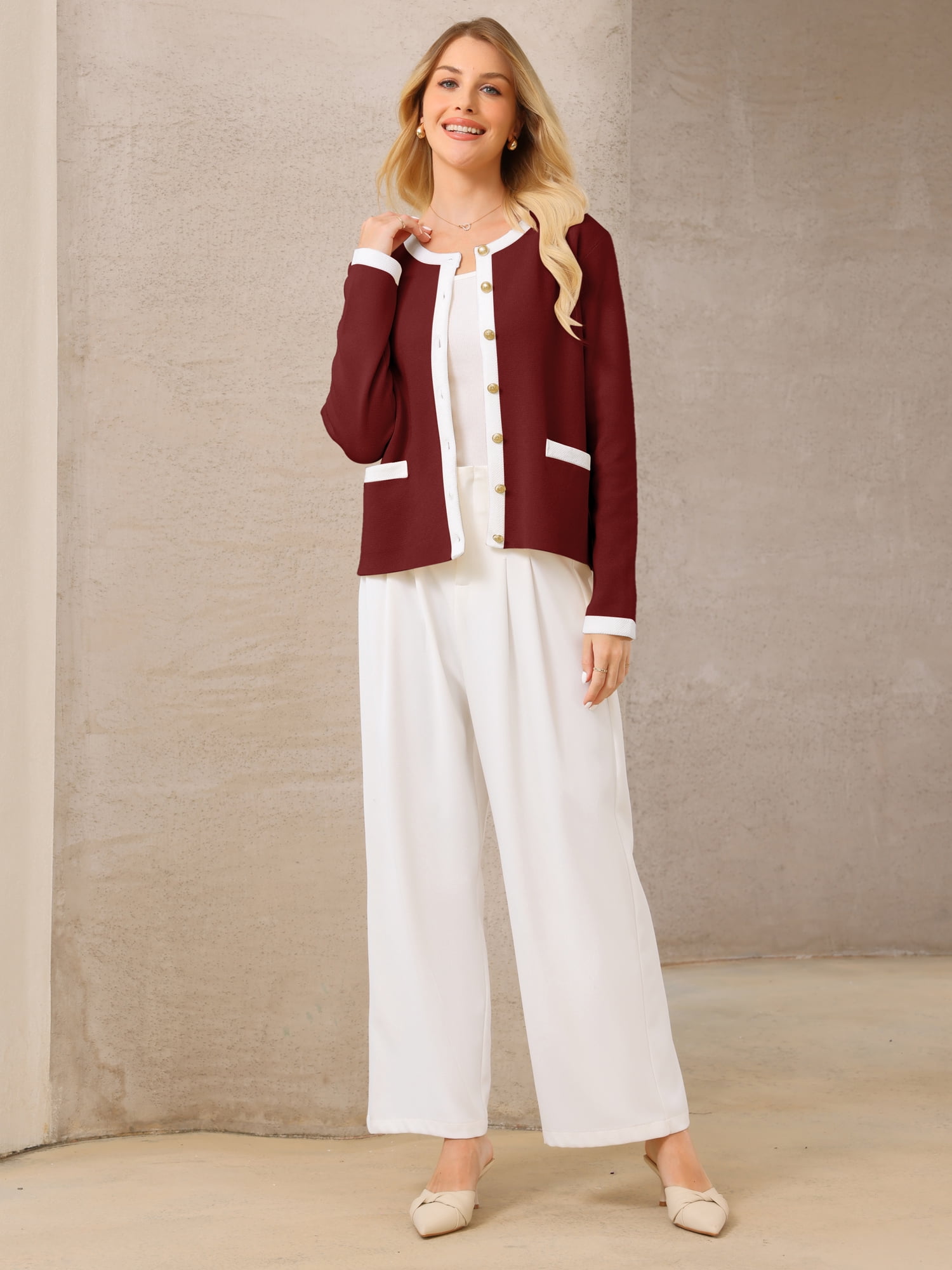DARING DIVA Women's Contrast Color Long Sleeve Knit Cardigan Sweater L Dark Red