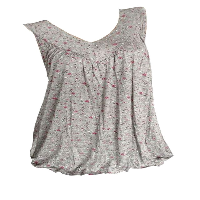 Women Summer Floral Tank Tops Vest Blouse Boho V Neck Tops Plus Size White L