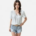thumbnail image 3 of Women's Textured Lace Trim V-Neck Short Sleeve Blouse - X Large, White, 3 of 4