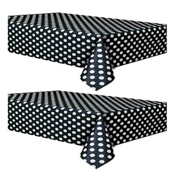 polka dot plastic tablecloth, black with white dots (2 pack)