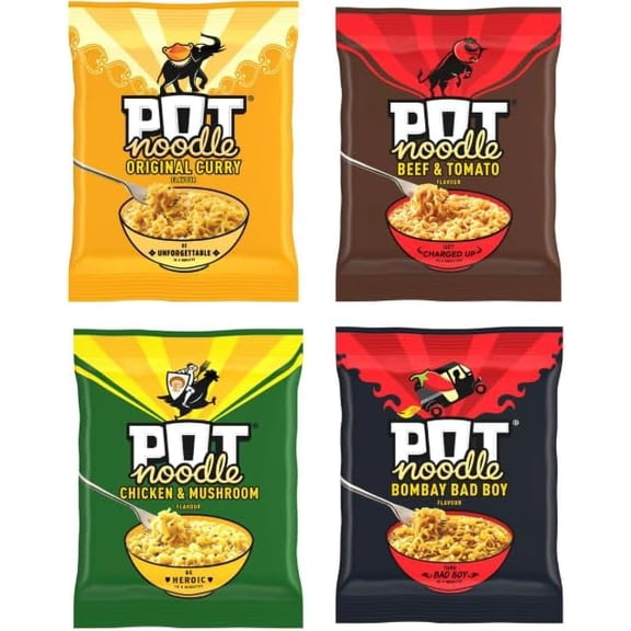 Pot Noodle Variety 4 Pack, Instant Noodles, Original Curry, Beef & Tomato, Chicken & Mushroom, Bombay Bad Boy Flavours