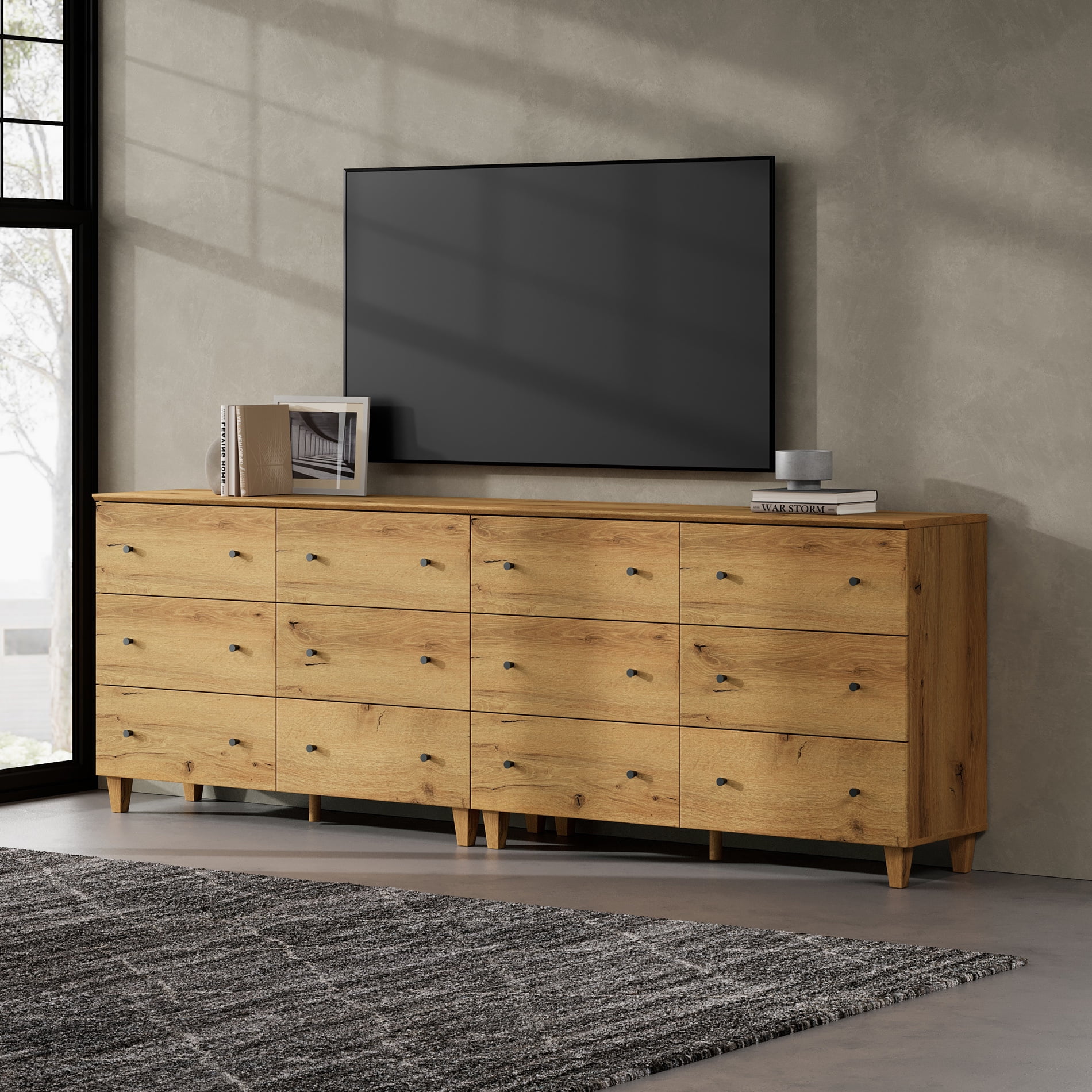 WAMPAT TV Stand Cabinets for 100+ Inches TVs, 2-in-1 Modern Wooden Media Console with 12 Spacious Drawers for Living Room, Oak Brown