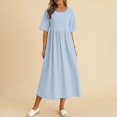 thumbnail image 3 of Tshirt Dress Women Cotton Linen Short Sleeve Scoop Neck Loose Fit Flowy Midi Dress Casual Summer Dresses, 3 of 6