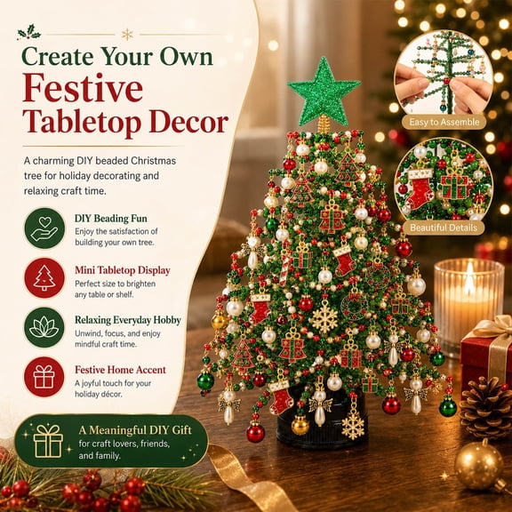 Blasgw DIY Beaded Christmas Tree Kit, Handmade Crystal Xmas Tree with Ornaments & Star Topper, Tabletop Holiday Decoration Gift