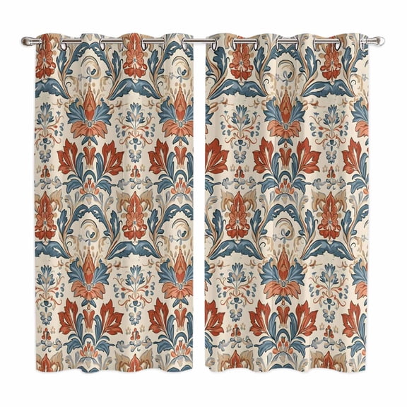 Curtains 63 Inch Length 2 Panels, Boho Floral Grommets Window Treatment Curtain, Farmhouse Vintage Red Blue Flower Plant Thermal Curtains Drapes for Living Room/Bathroom