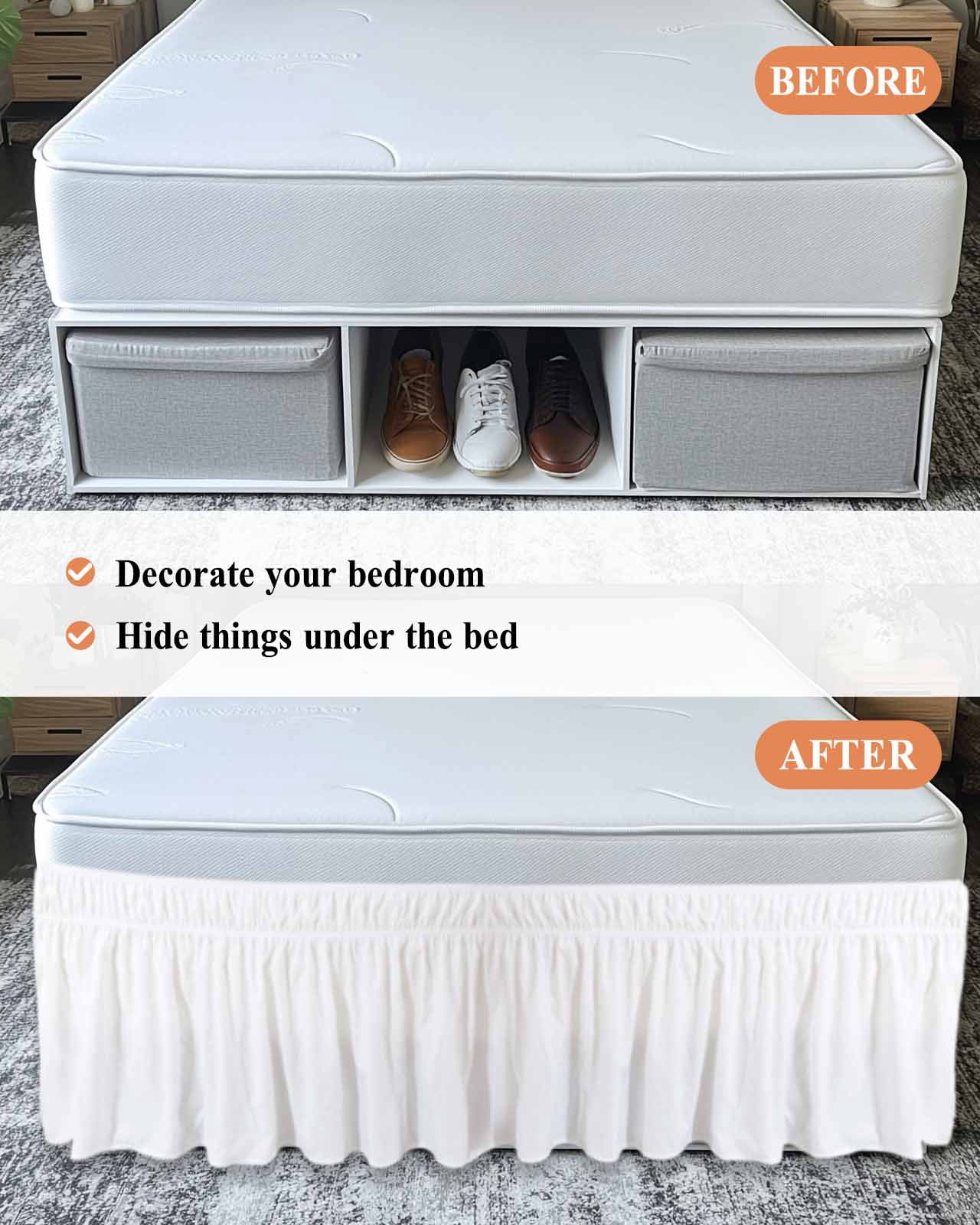 Solid Color Bed Skirt White Bed Skirts California King Size 18 Inch Drop, Wrap Around Dust Ruffle&nbsp;Bedskirt with Adjustable Elastic Belt for Queen Size Beds