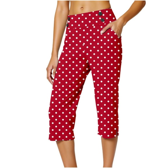 LEKWK Womens Capri Leggings Polka-Dot Print High Waist Button Embellished Yoga Pants with Pockets Side Slit Vintage Casual Exercise Leggings Soft Trousers