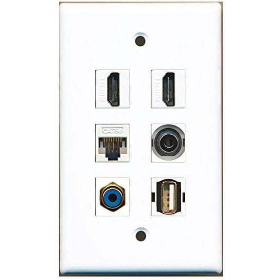 RiteAV - 2 HDMI 1 Port RCA Blue 1 Port USB A-A 1 Port 3.5mm 1 Port Cat5e Ethernet White Wall Plate